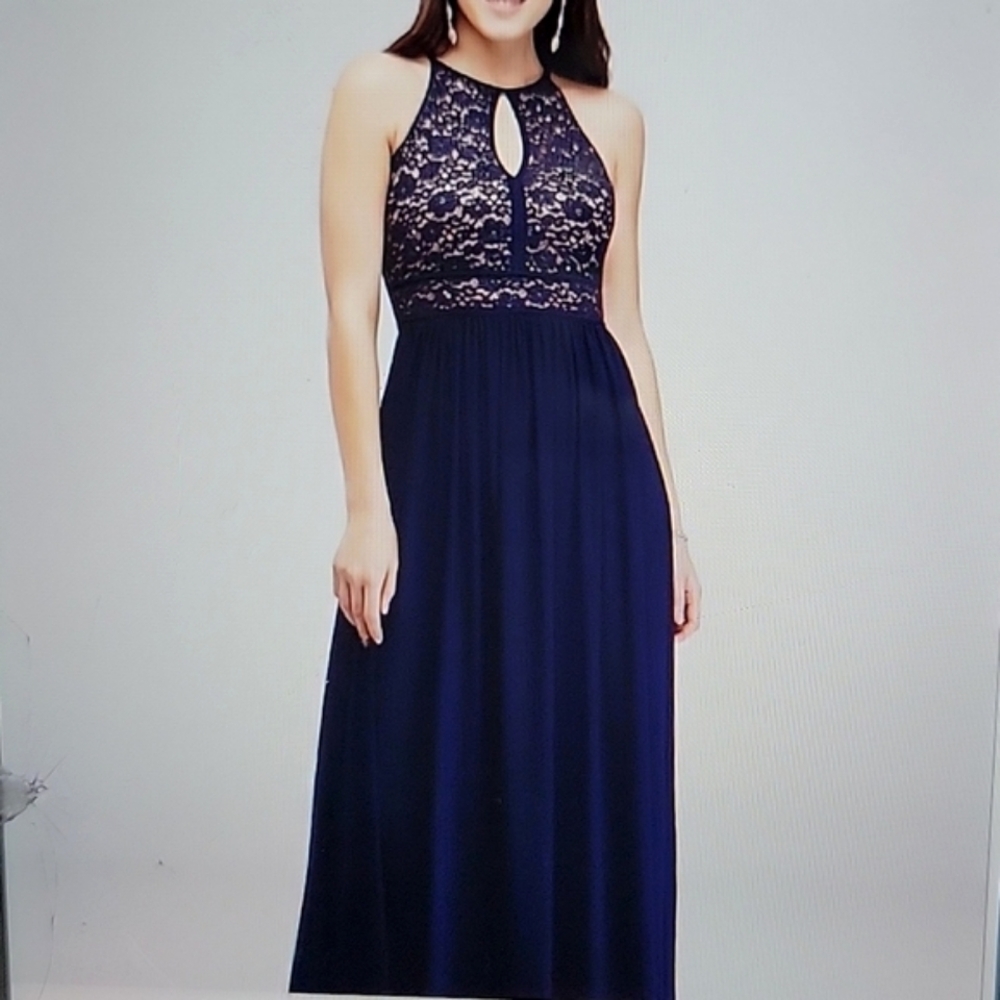 NW Nightway Navy Blue Maxi Sleeveless Keyhole Prom Gown Size 4P